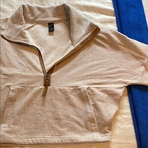Prana Cream Long Sleeve Tee with High Collar and Ribbed Texture